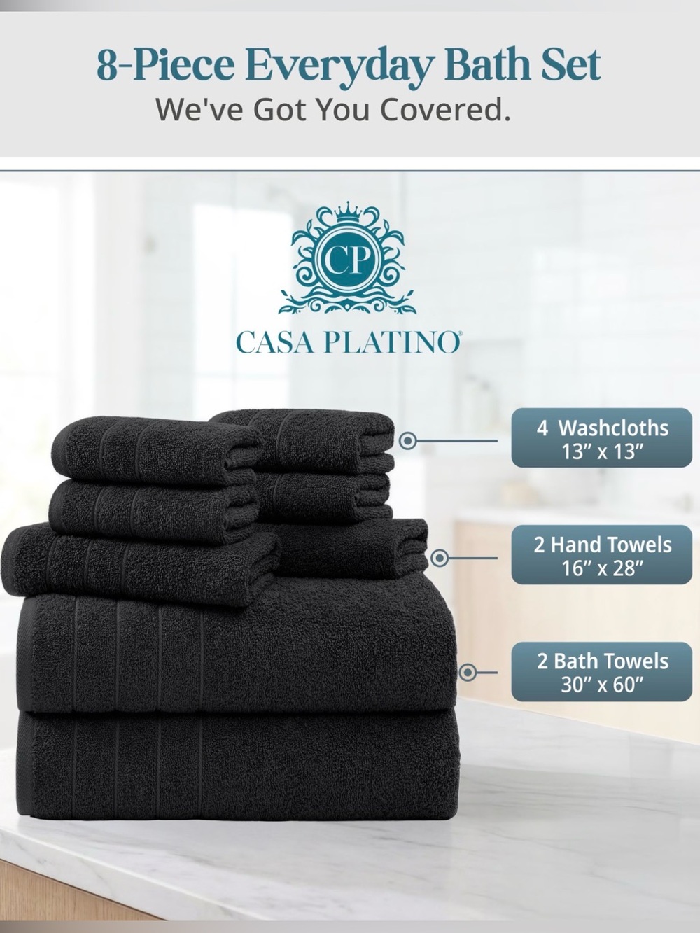 Casa Platino 8-Piece Quality Cotton Towel Set - Charcoal Black